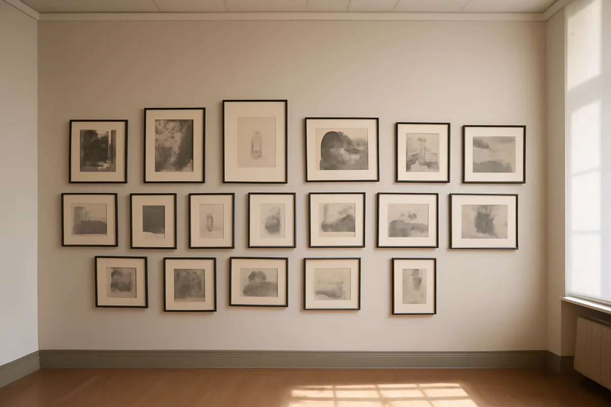 Mur d'estampes et de dessins encadrés dans une salle d'exposition calme
