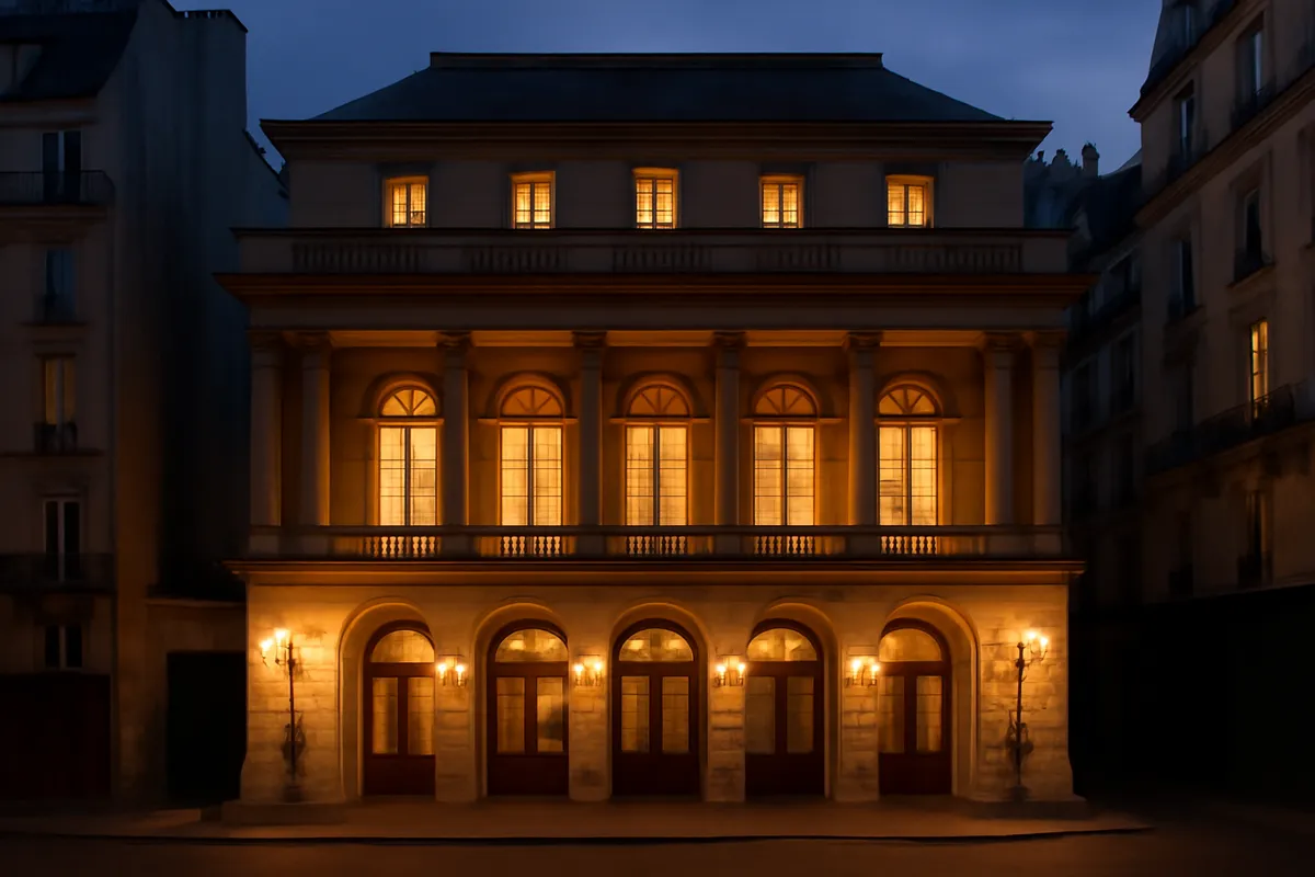 Façade d'un théâtre parisien au crépuscule aux fenêtres chaudement éclairées