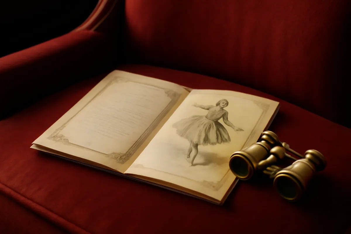 Programme de ballet ancien et jumelles de théâtre sur un fauteuil de velours rouge