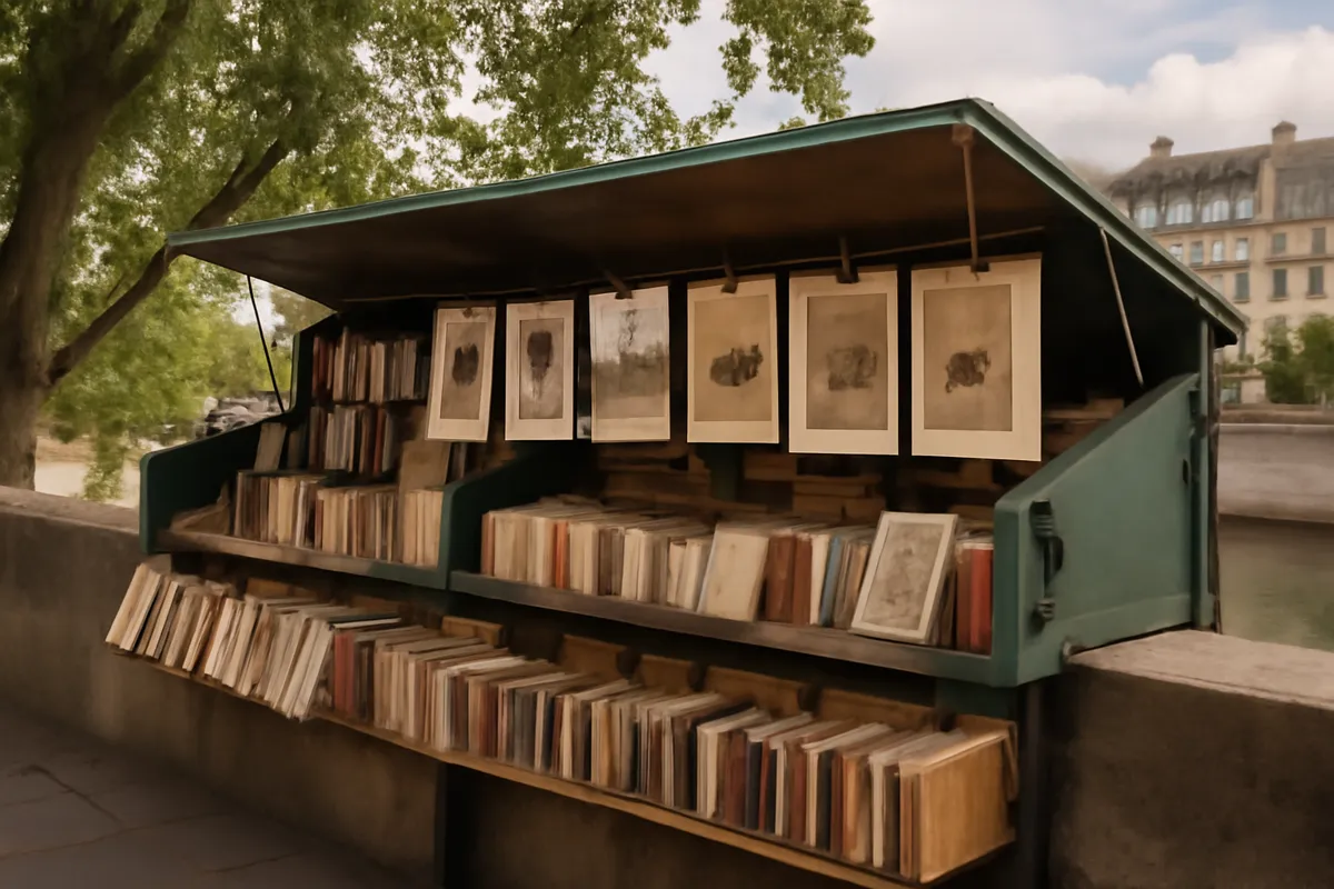 Bouquiniste au bord de la Seine avec vieux livres et estampes