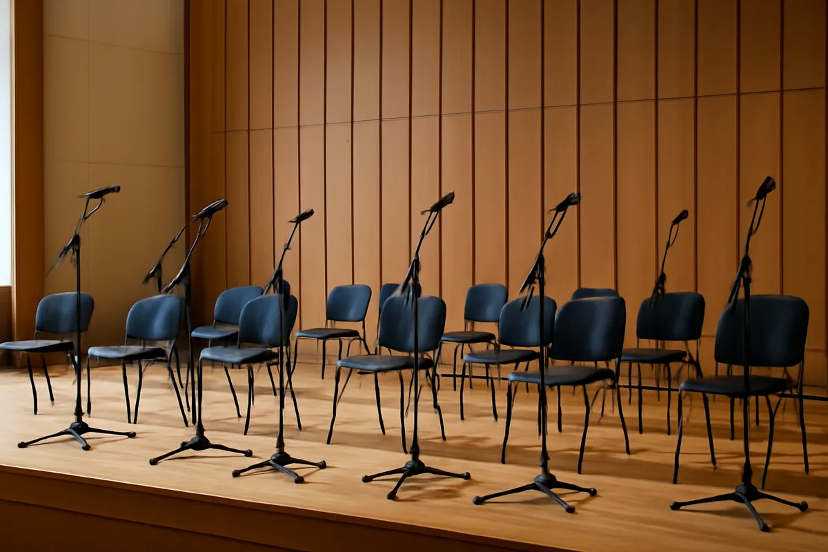Scène de salle de concert avec micros et chaises, vide