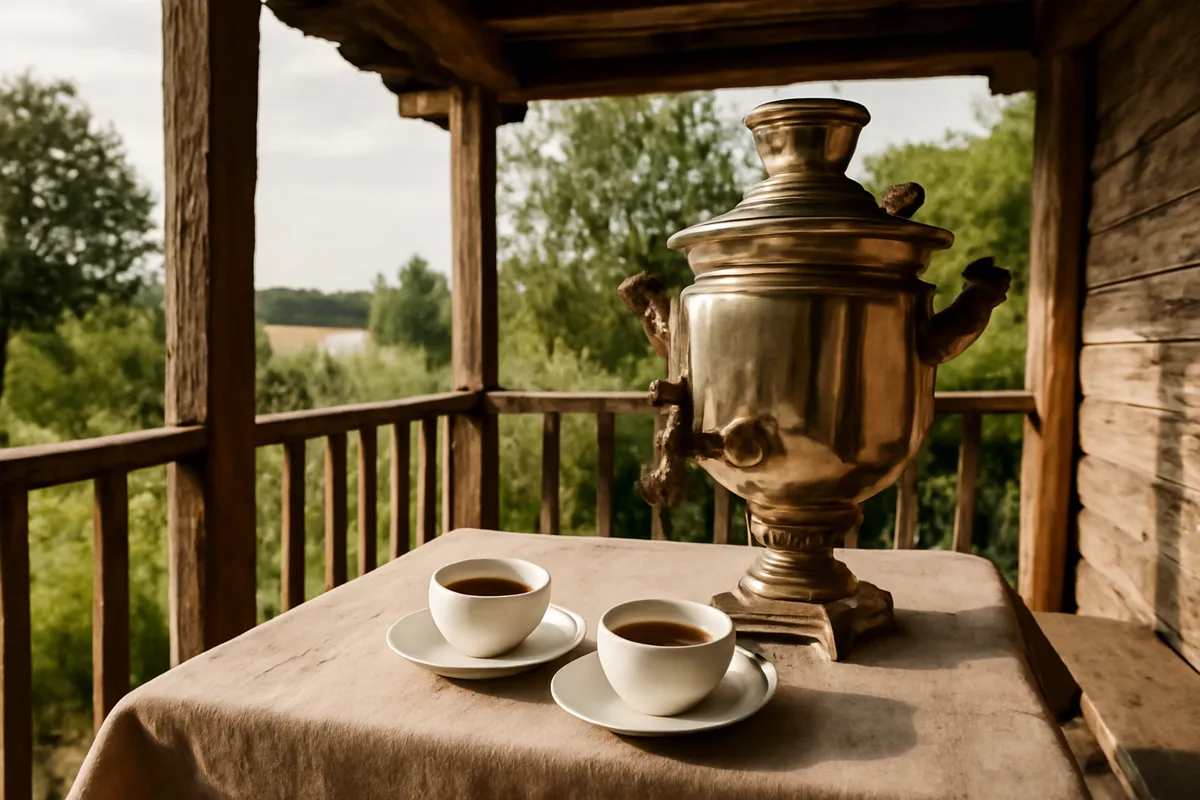 Samovar et tasses de thé sur une table de véranda rustique