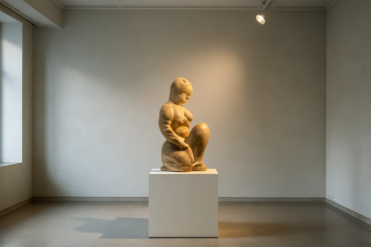 Sculpture sur socle blanc sous un projecteur dans une galerie