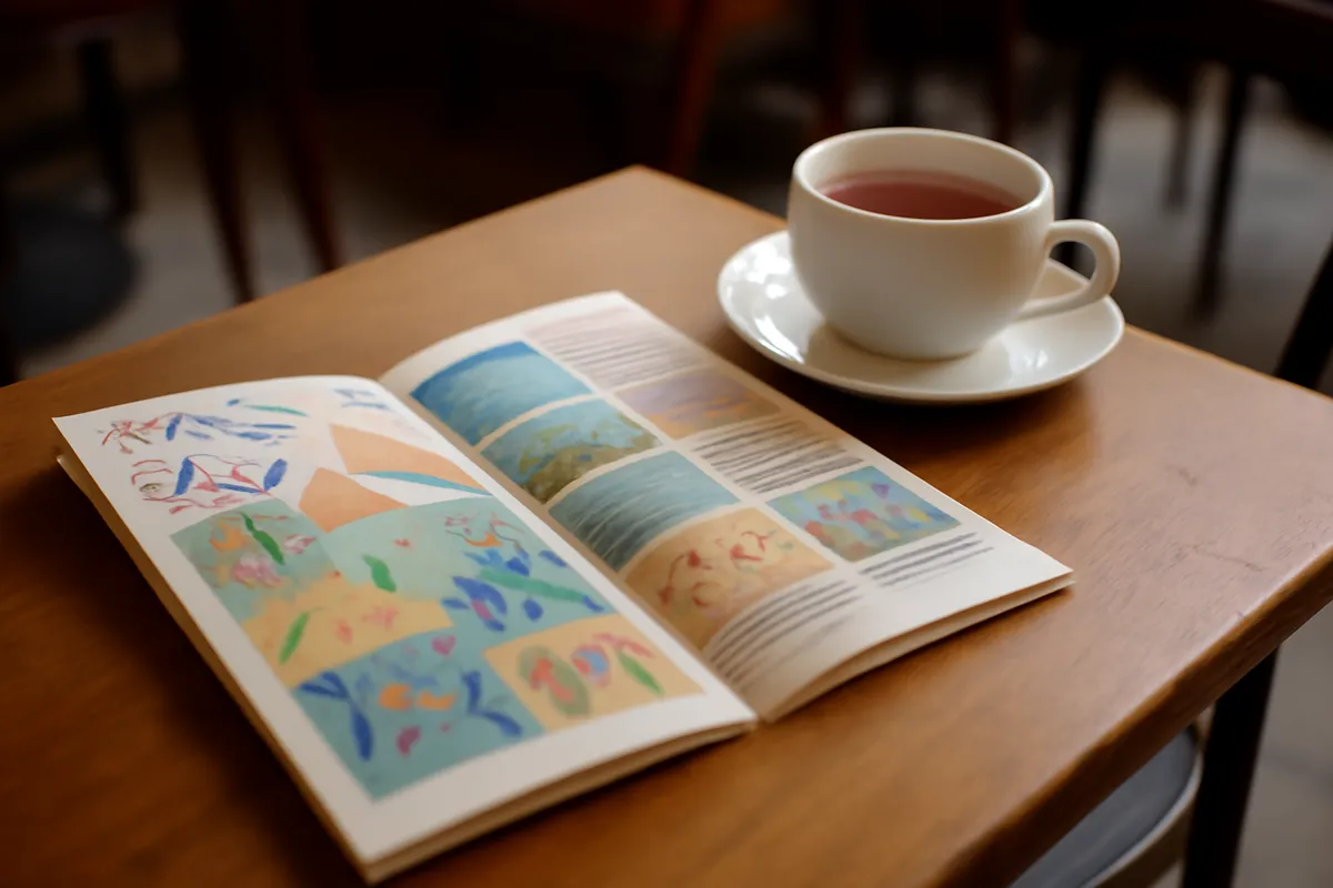 Programme de festival et tasse de thé sur une table de bois dans un café