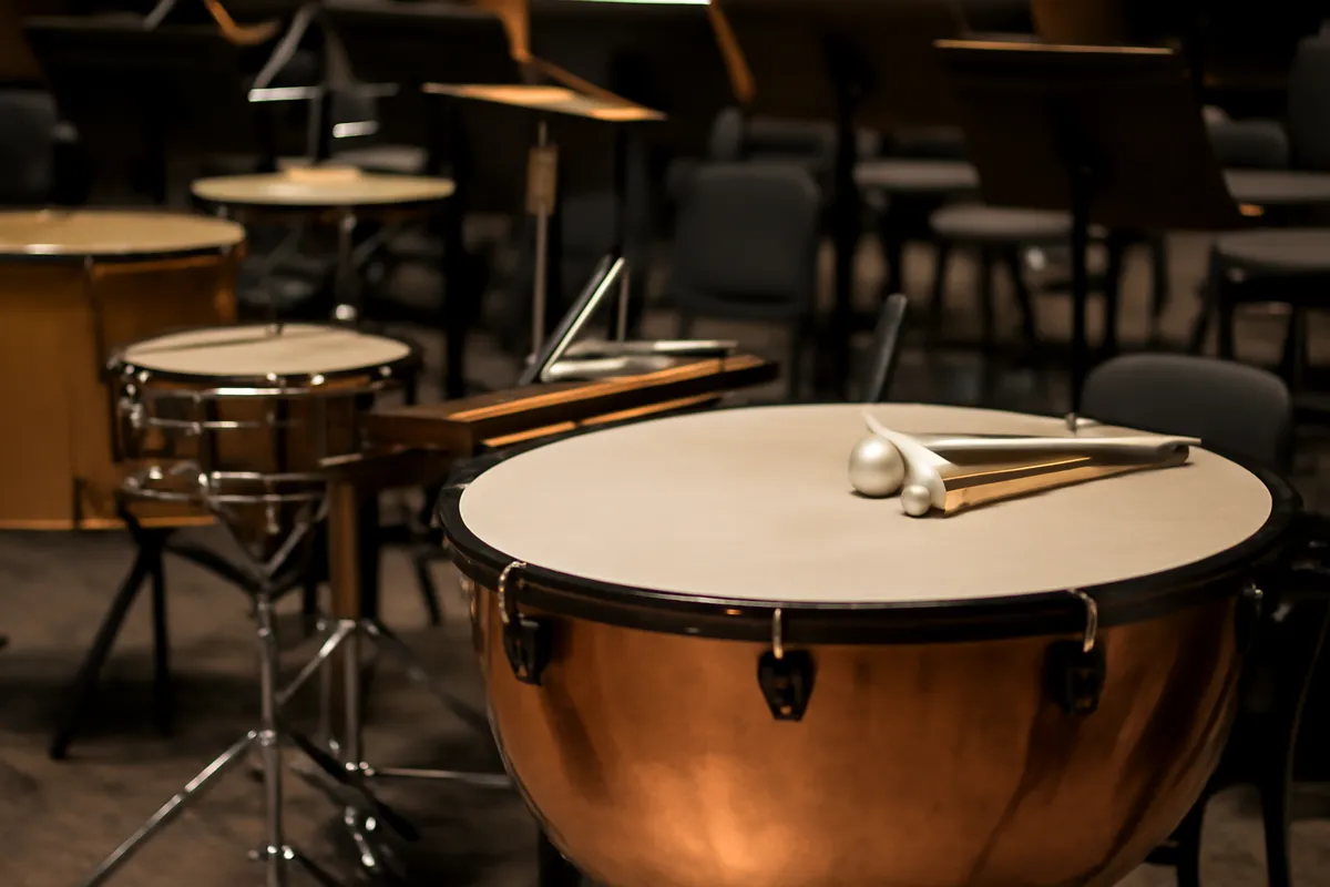 Gros plan de timbales et d'instruments à percussion sur une scène de concert