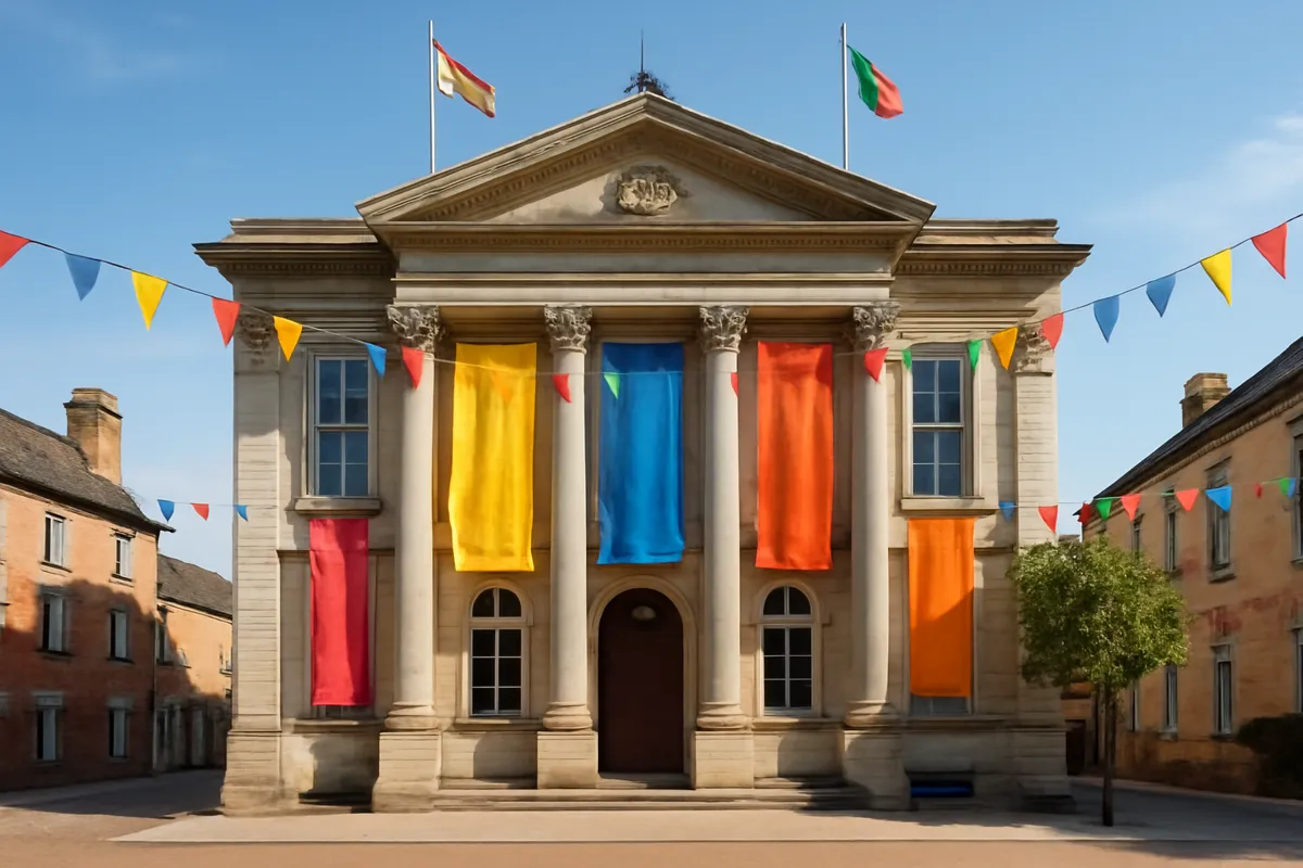Façade d'hôtel de ville ornée de bannières colorées et de drapeaux par temps ensoleillé