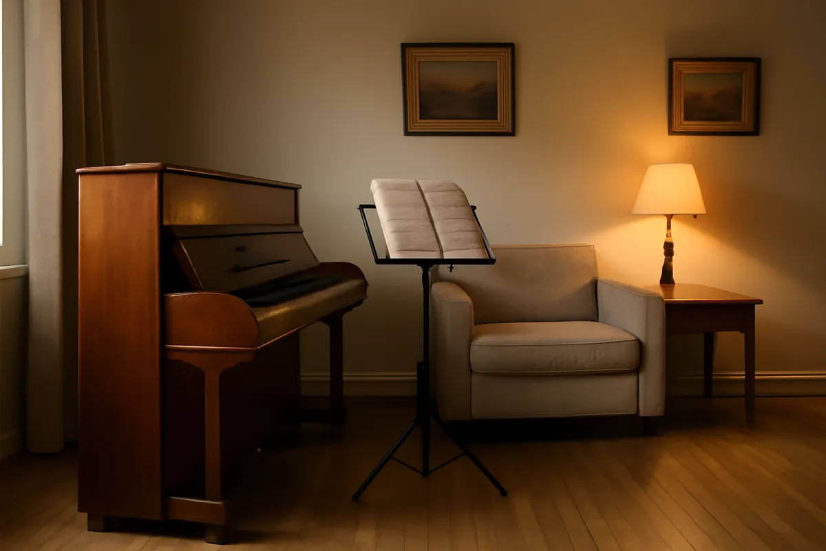 Piano et pupitre dans un salon à la lumière chaude d'une lampe