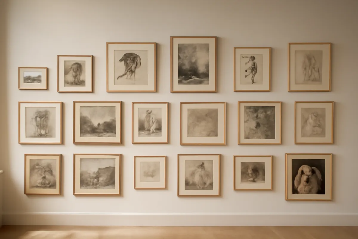 Mur d'estampes et de dessins encadrés dans une salle d'exposition calme