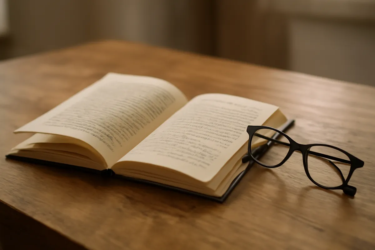 Livre ouvert aux notes manuscrites en marge et lunettes sur une table de bois