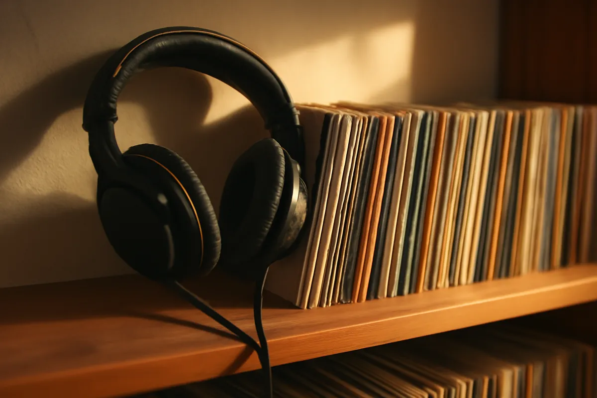 Casque audio et disques vinyles sur une étagère de bois en lumière chaude
