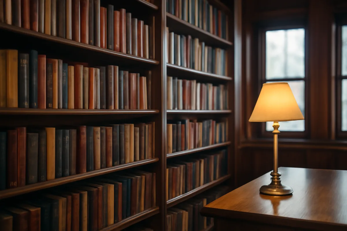 Rayonnages de livres en bois dans une bibliothèque calme avec lampe de lecture