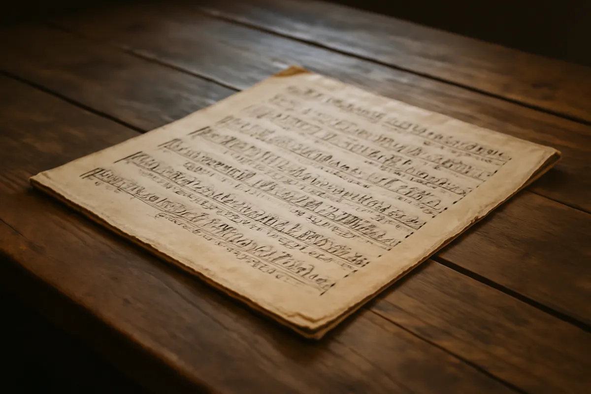 Ancien manuscrit musical annoté sur une table de bois