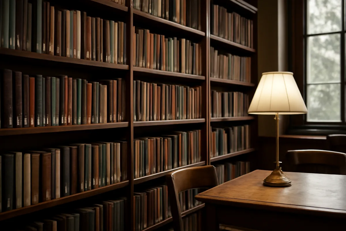 Rayonnages de livres en bois dans une bibliothèque calme avec lampe de lecture