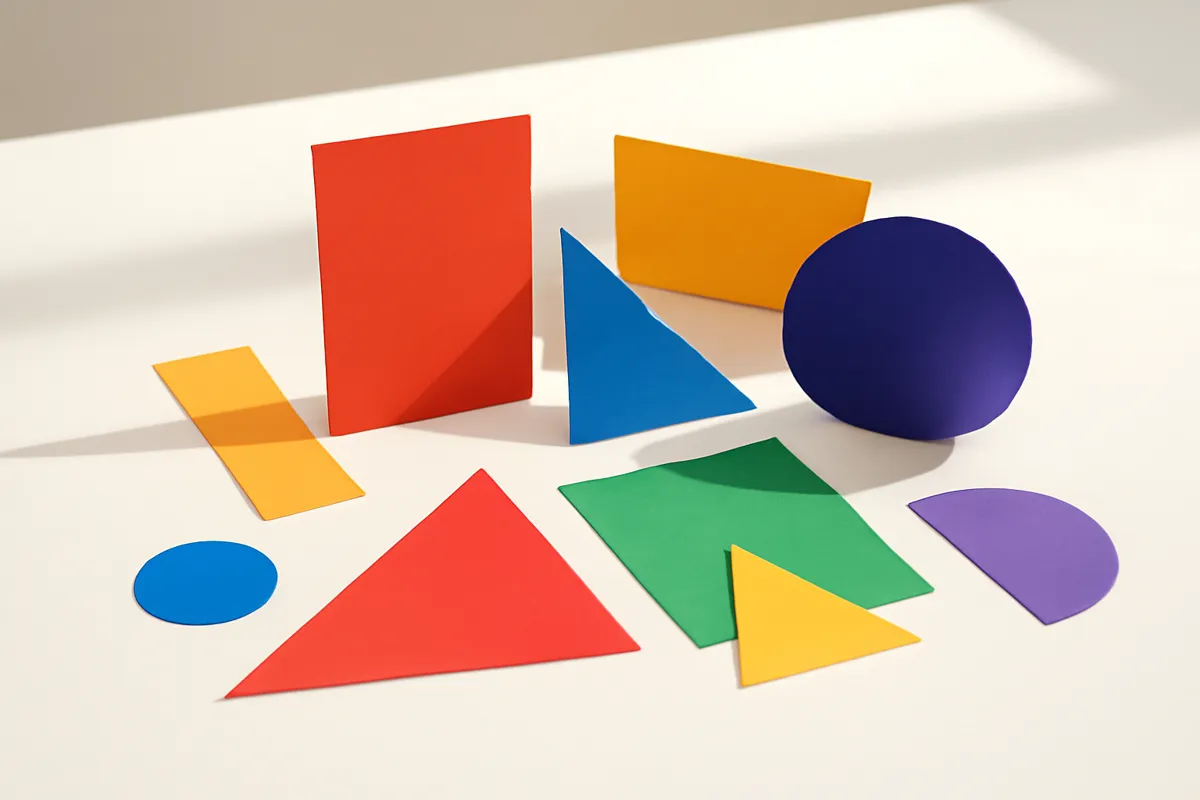 Formes géométriques en papier coloré disposées sur une table blanche