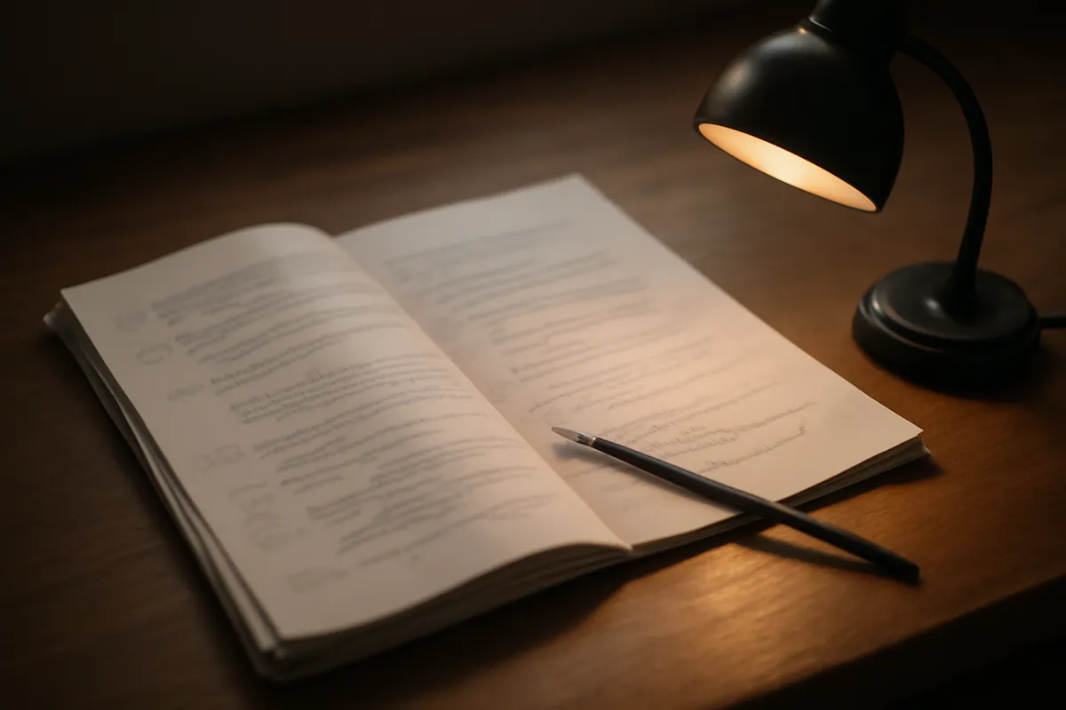 Texte de théâtre annoté au crayon et petite lampe sur un bureau de bois