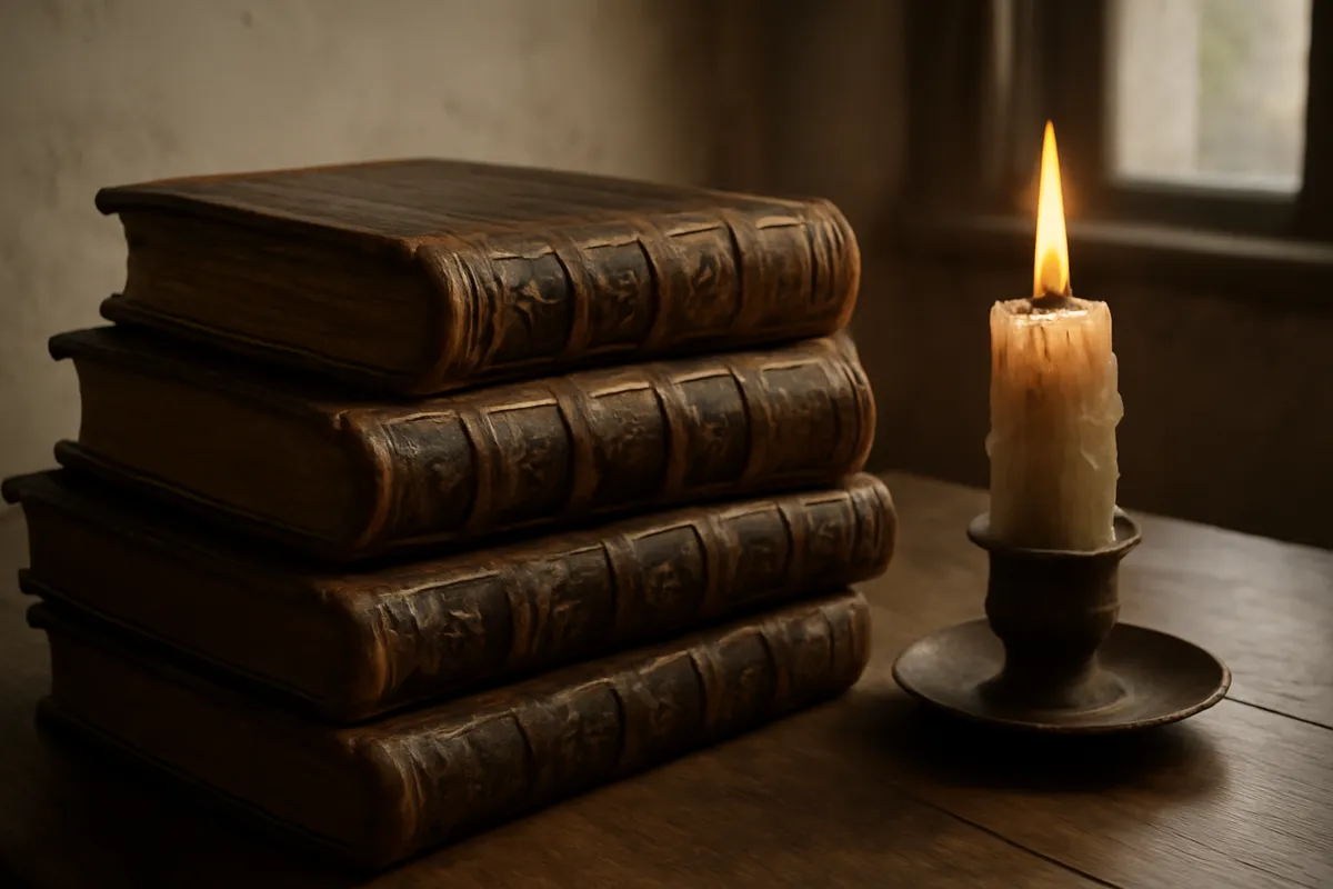 Anciens livres reliés et bougie sur une table