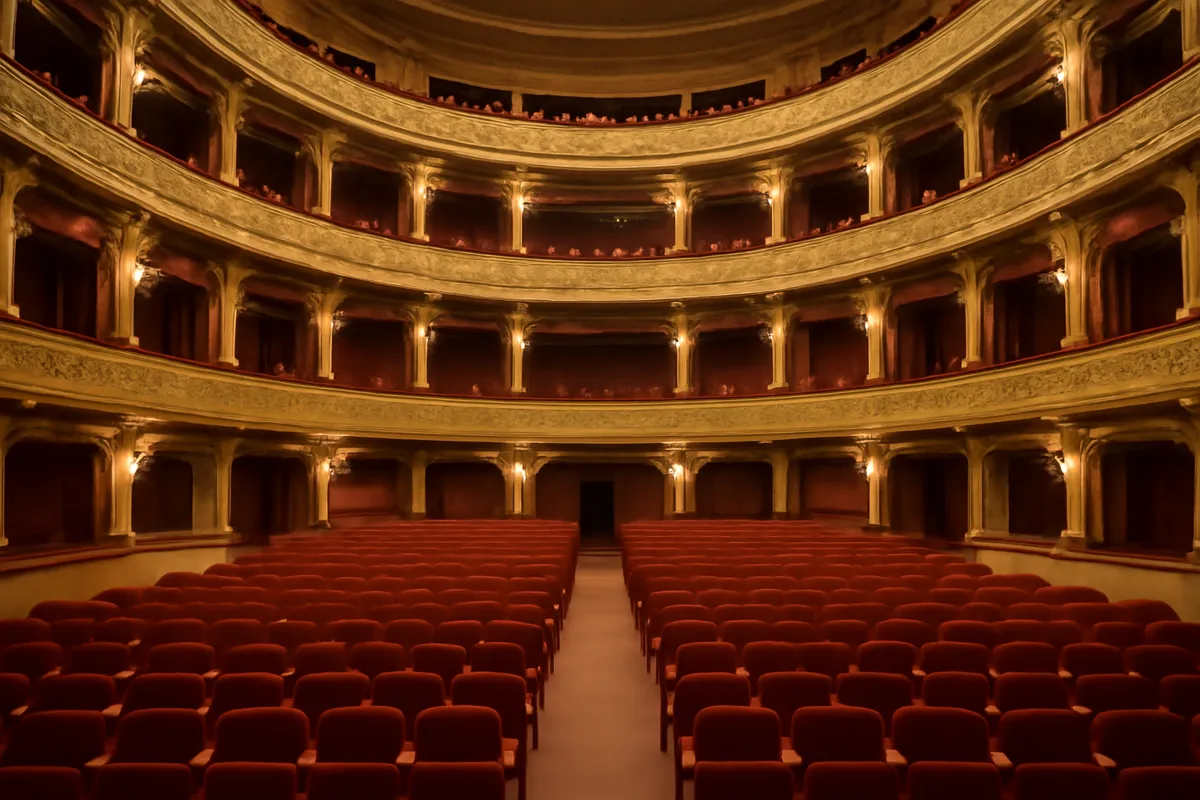 Salle de théâtre dorée aux fauteuils de velours rouge et aux balcons, vue depuis la scène