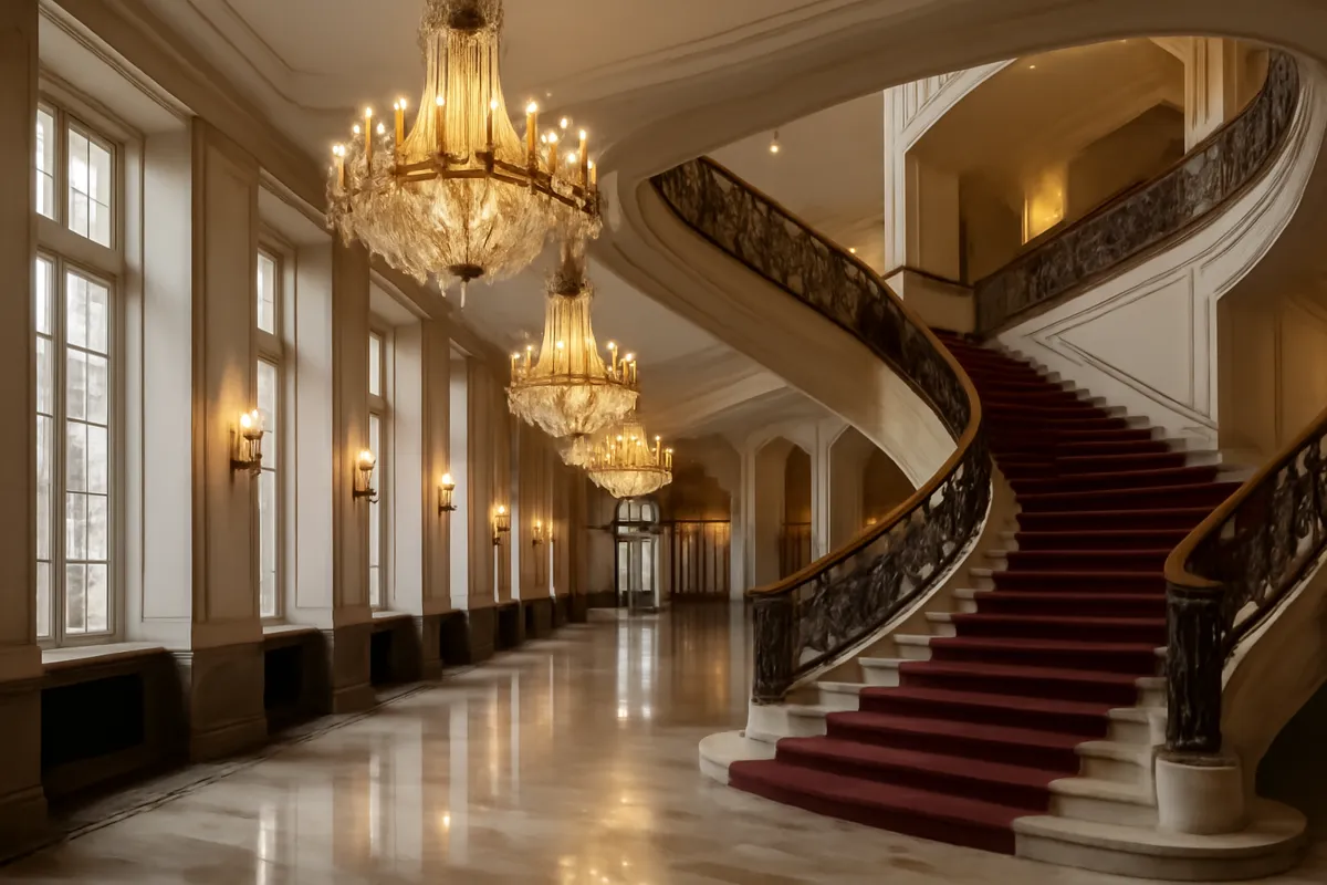 Foyer de salle de concert aux lustres élégants et à l'escalier, vide