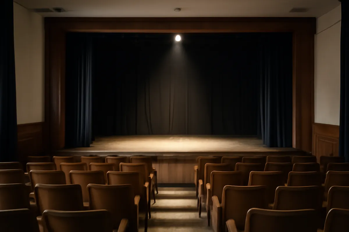 Petit théâtre vide aux sièges de bois et à la scène nue sous un projecteur