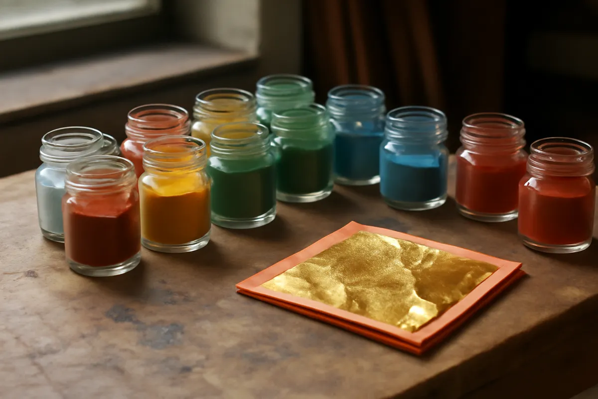 Pigments à la tempera dans des pots et feuilles d'or sur un établi