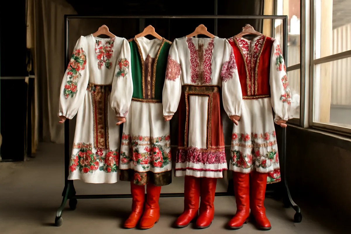 Costumes folkloriques brodés et bottes rouges sur un portant en coulisses