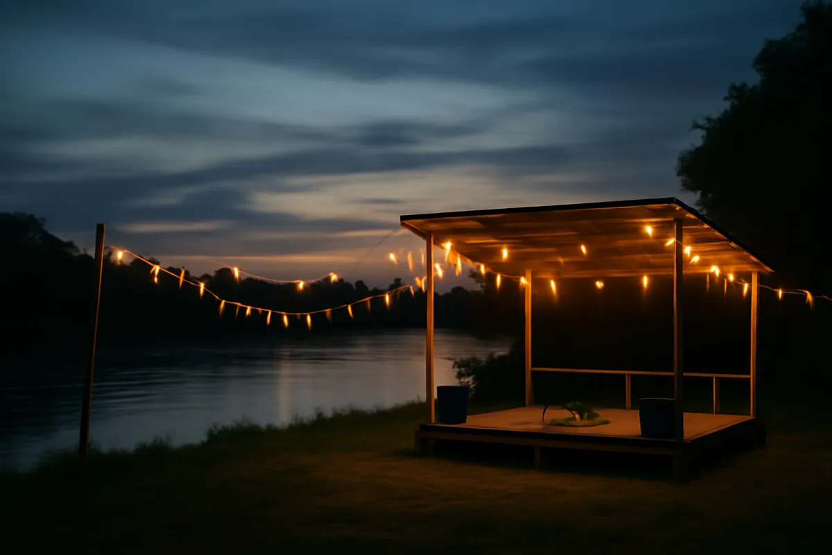 Petite scène de plein air avec guirlandes et drapeaux au crépuscule au bord d'une rivière