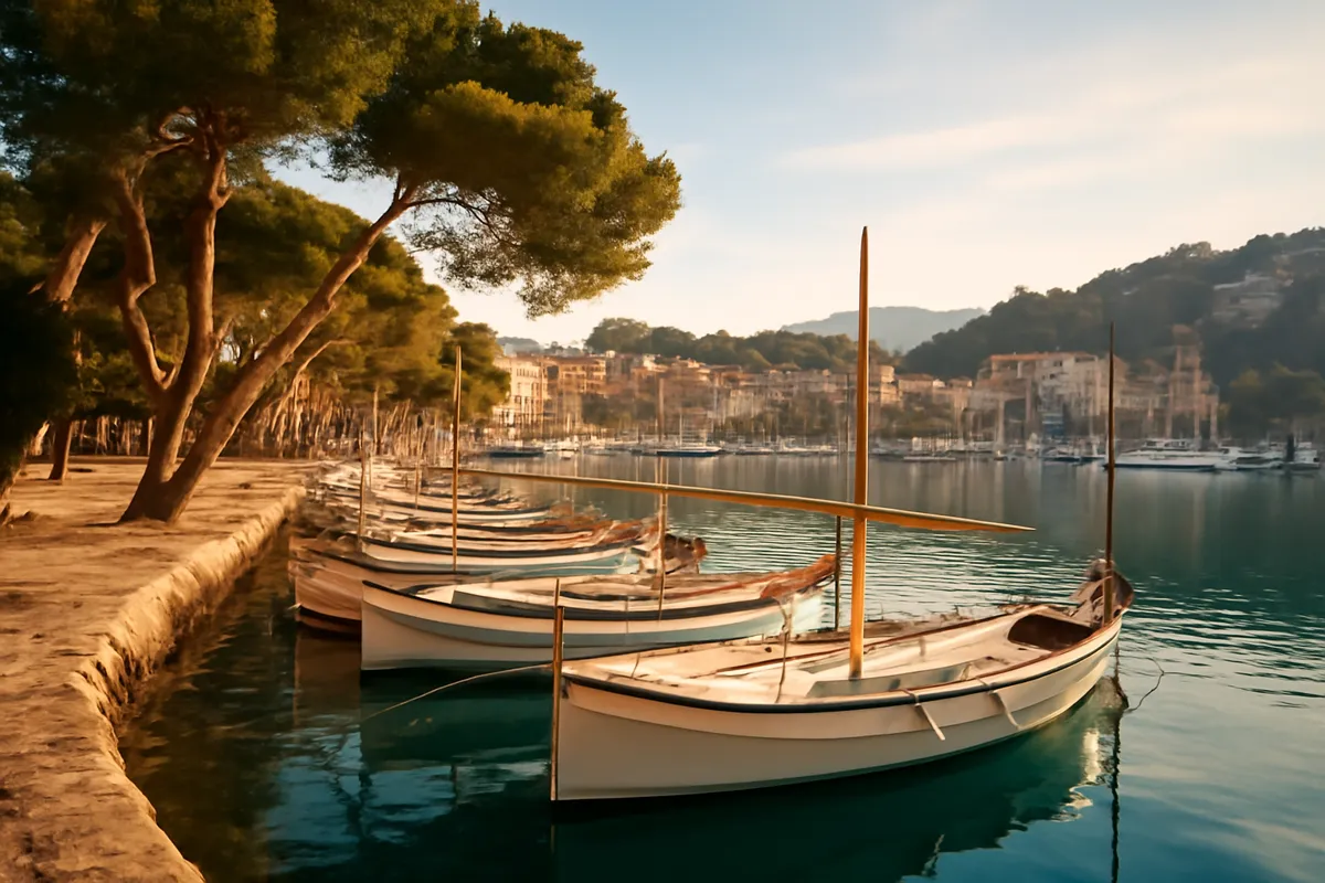 Port méditerranéen aux barques de bois et aux pins dans la lumière du matin