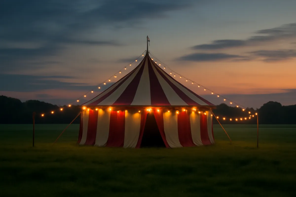 Chapiteau rayé au crépuscule avec guirlandes lumineuses dans un champ vert