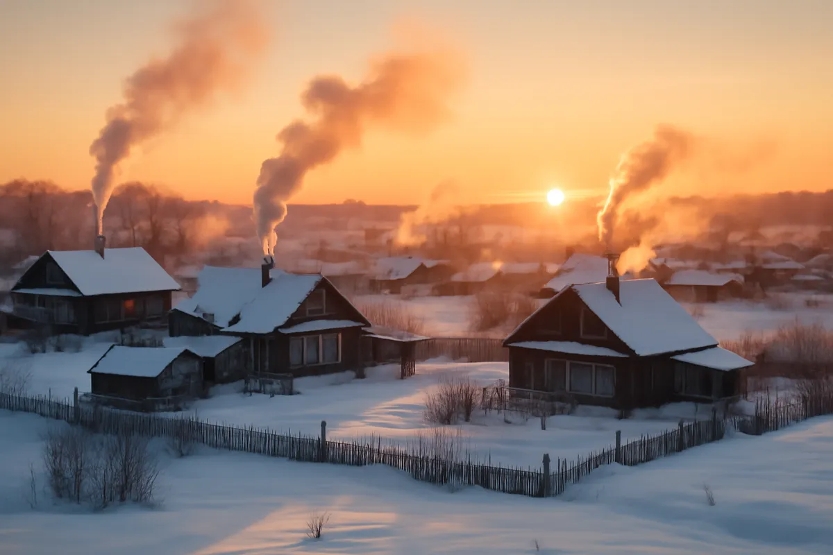 Village russe enneigé aux maisons de bois et aux cheminées fumantes à l'aube