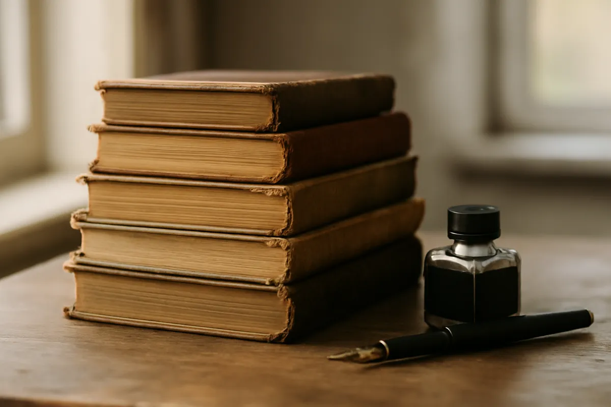 Pile de vieux livres reliés, plume et encrier sur un bureau