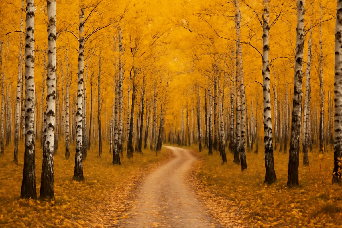 Forêt de bouleaux en automne aux feuilles dorées avec un sentier