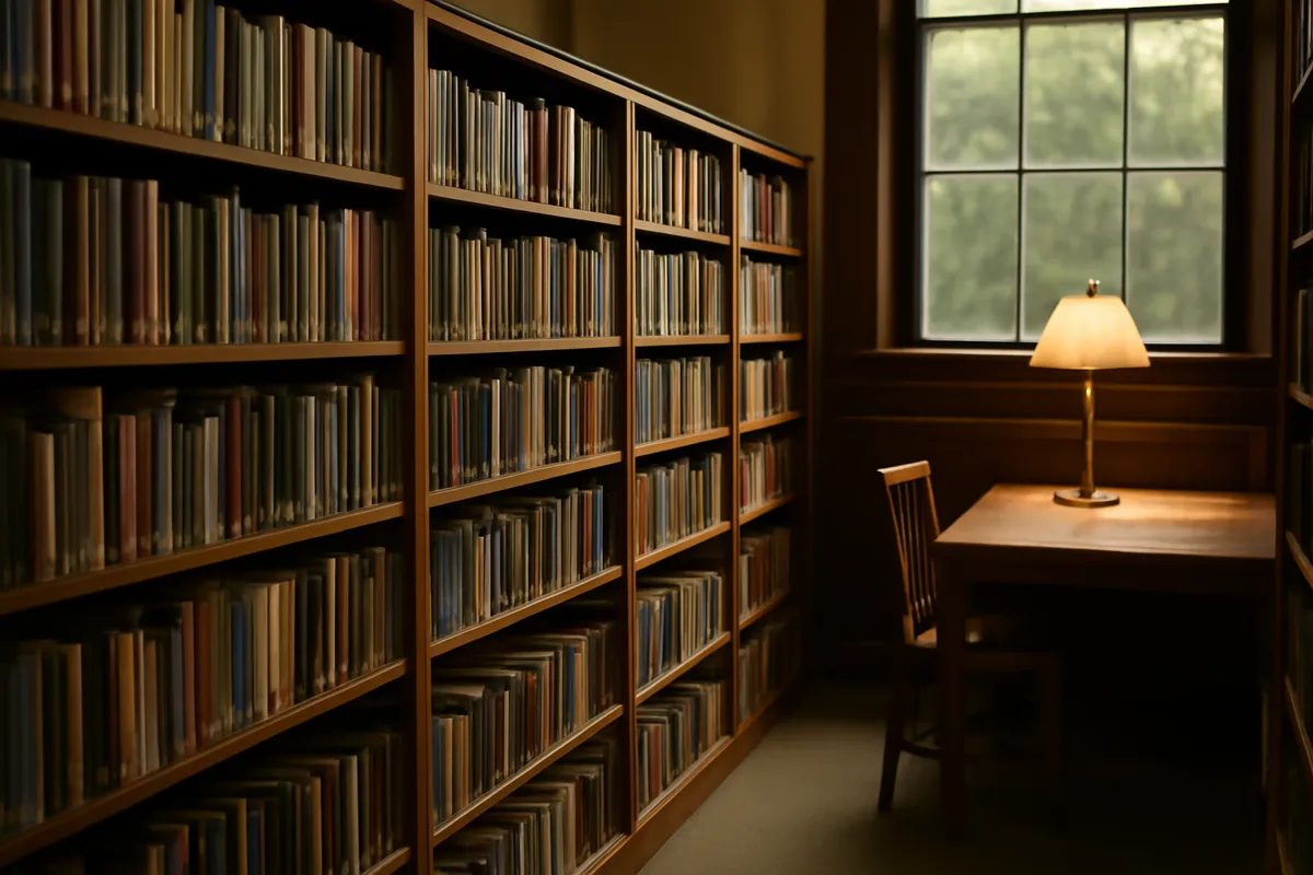 Rayonnages de livres en bois dans une bibliothèque calme avec lampe de lecture