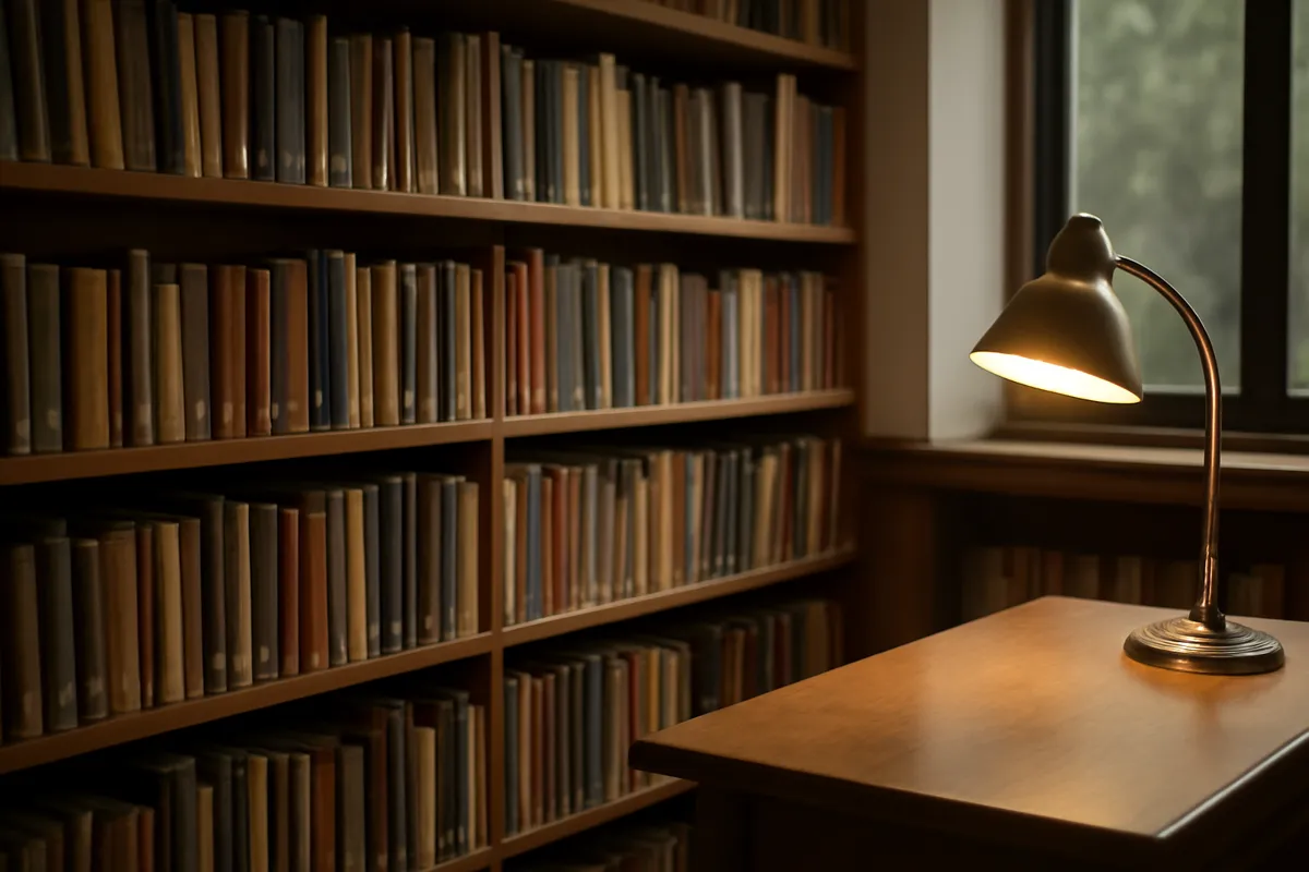 Rayonnages de livres en bois dans une bibliothèque calme avec lampe de lecture