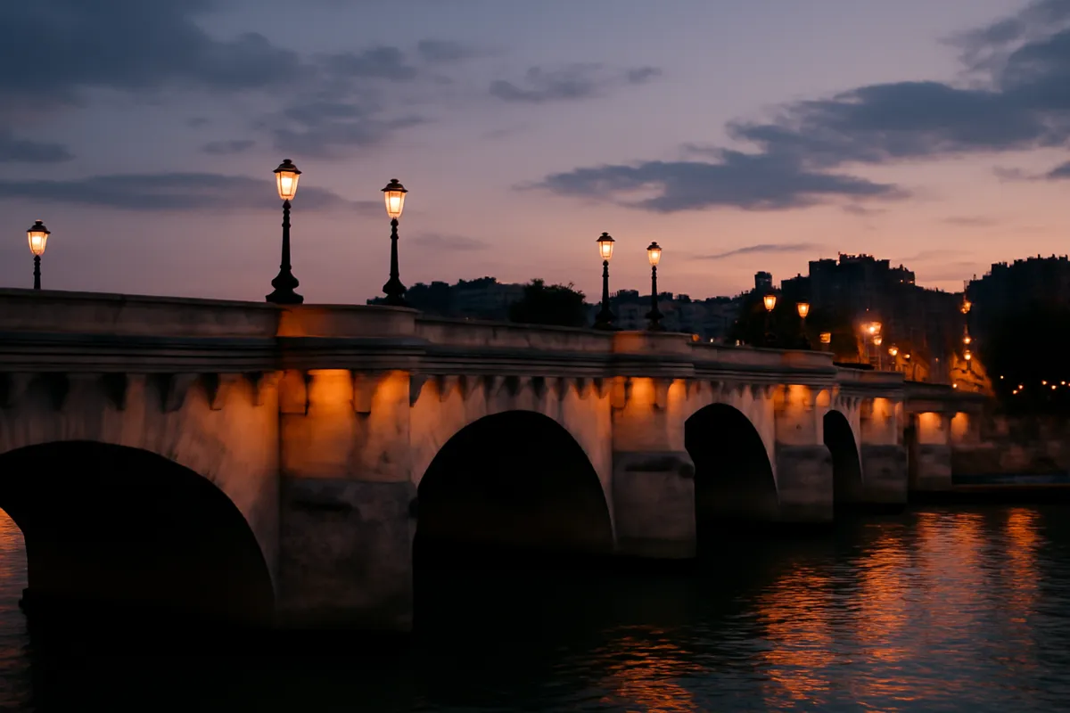 Vieux pont de pierre sur la Seine avec lampadaires au crépuscule