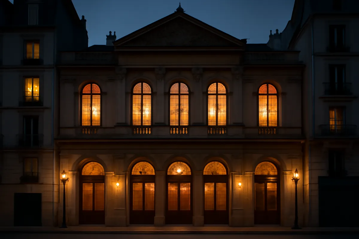 Façade d'un théâtre parisien au crépuscule aux fenêtres chaudement éclairées