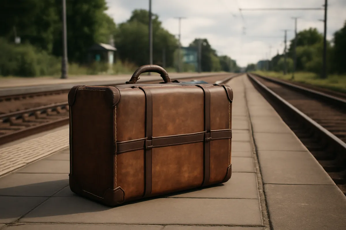 Vieille valise de bois aux sangles de cuir sur un quai de gare