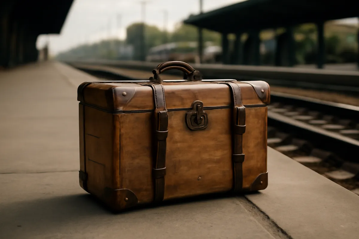 Vieille valise de bois aux sangles de cuir sur un quai de gare