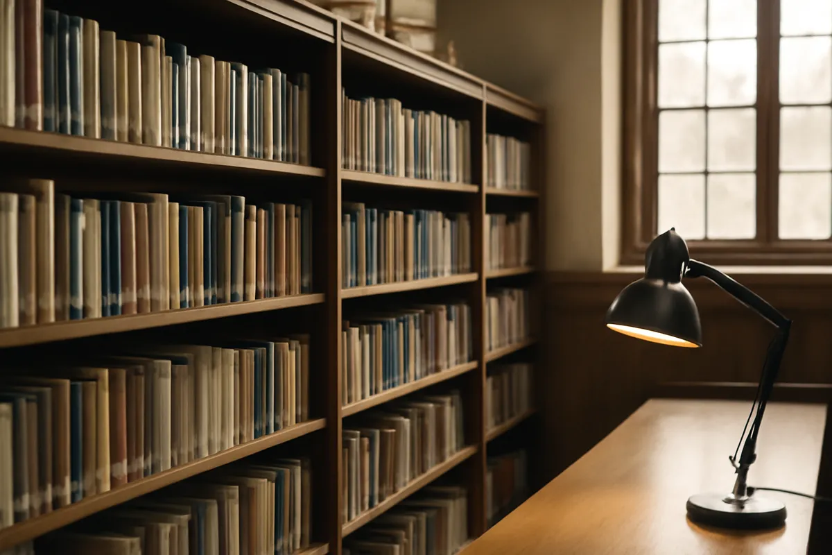 Rayonnages de livres en bois dans une bibliothèque calme avec lampe de lecture