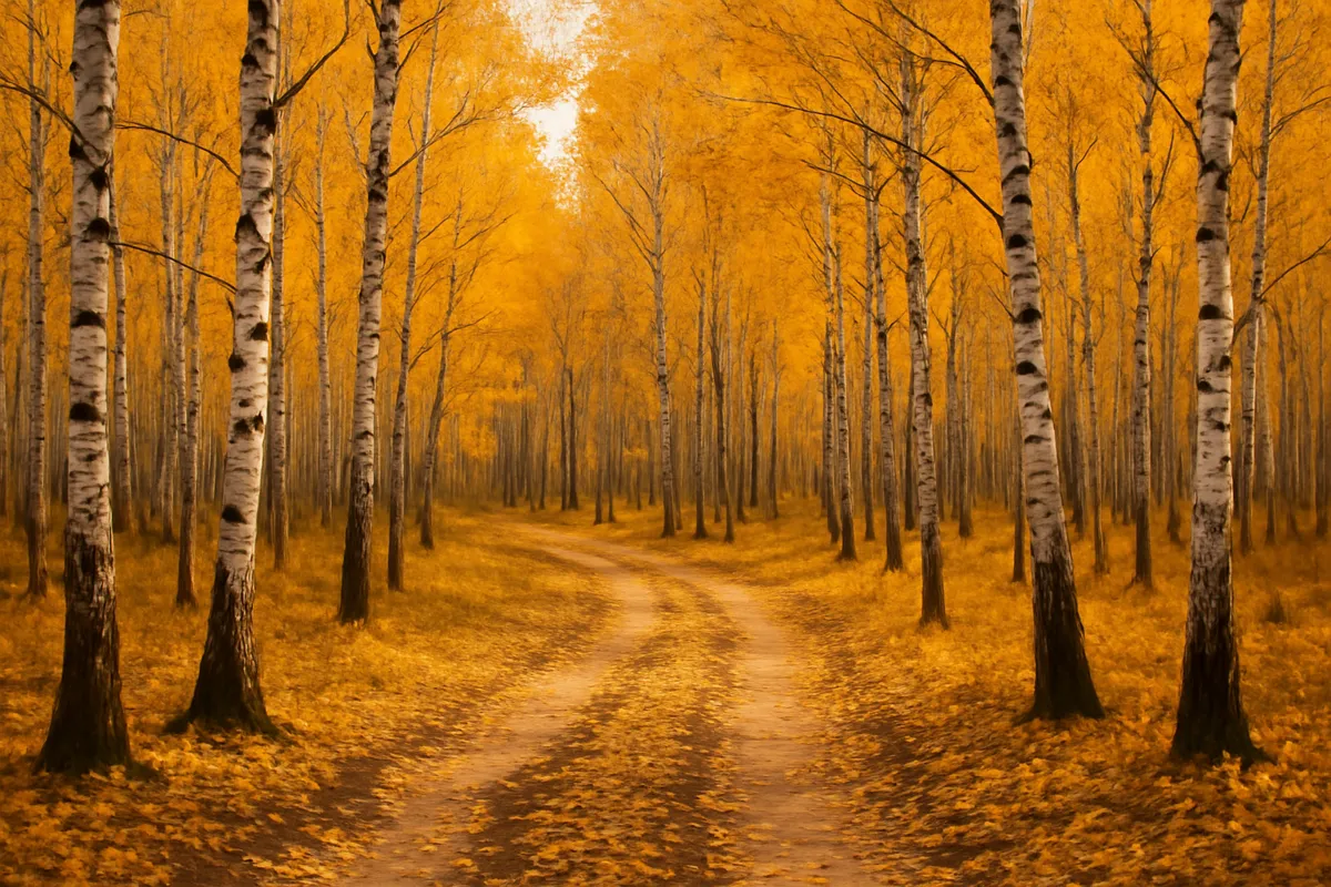 Forêt de bouleaux en automne aux feuilles dorées avec un sentier