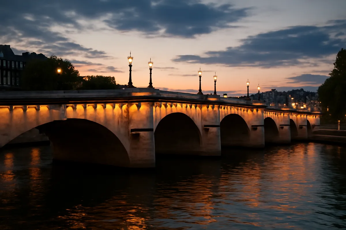 Vieux pont de pierre sur la Seine avec lampadaires au crépuscule