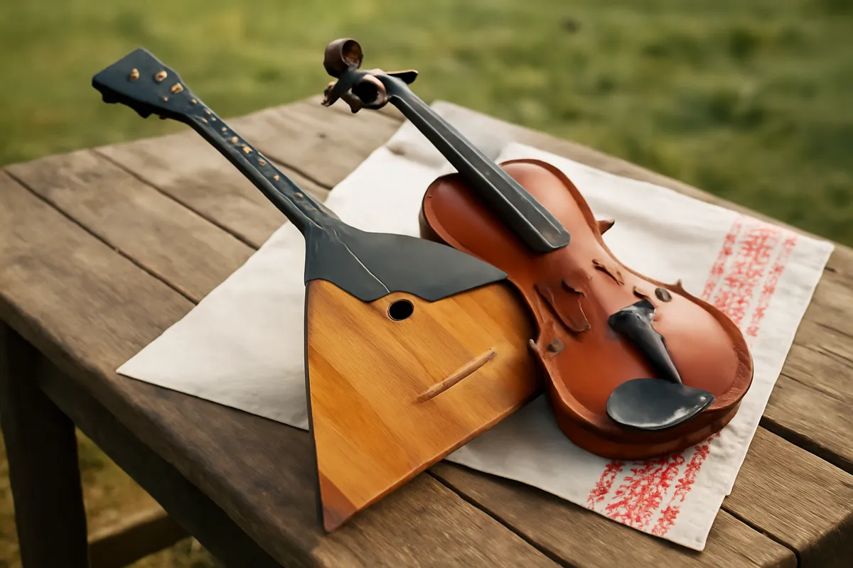Balalaïka et violon posés sur une table rustique avec nappe brodée
