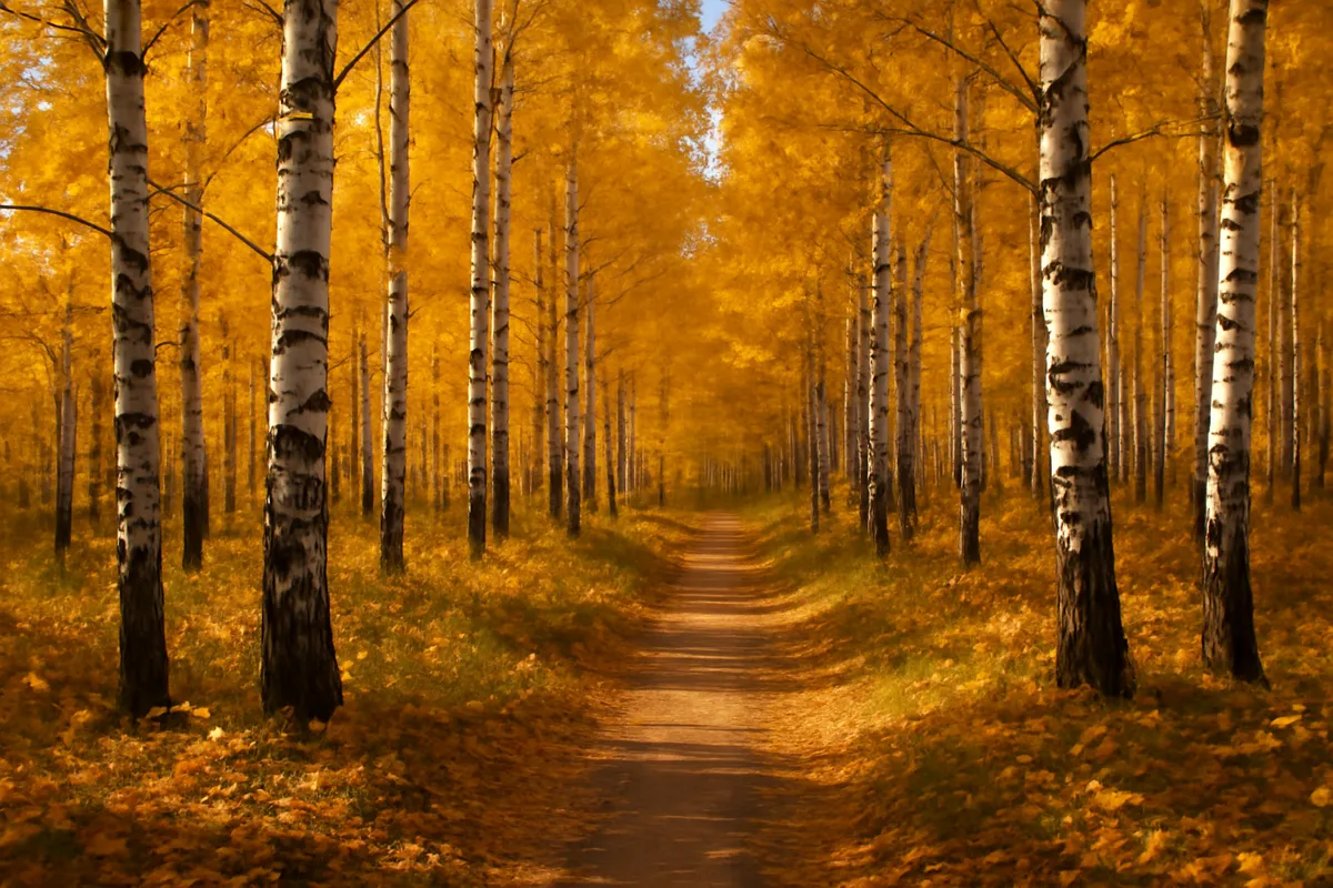 Forêt de bouleaux en automne aux feuilles dorées avec un sentier