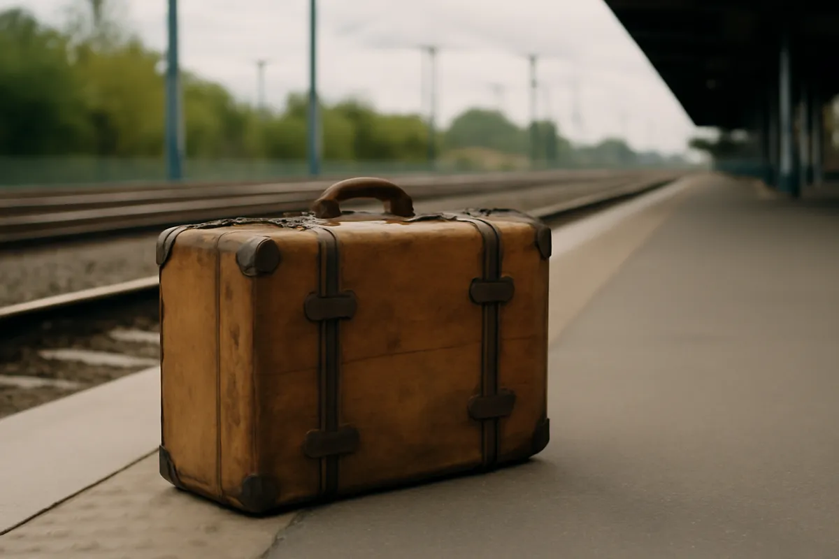 Vieille valise de bois aux sangles de cuir sur un quai de gare