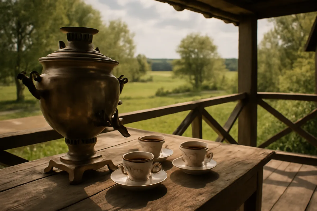 Samovar et tasses de thé sur une table de véranda rustique