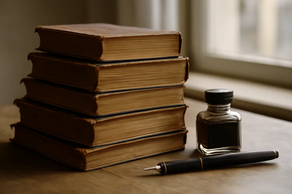 Pile de vieux livres reliés, plume et encrier sur un bureau