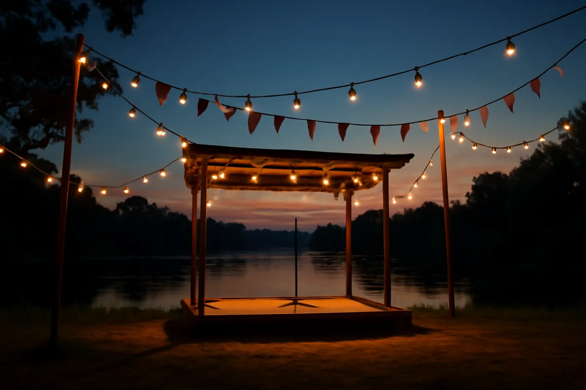 Petite scène de plein air avec guirlandes et drapeaux au crépuscule au bord d'une rivière