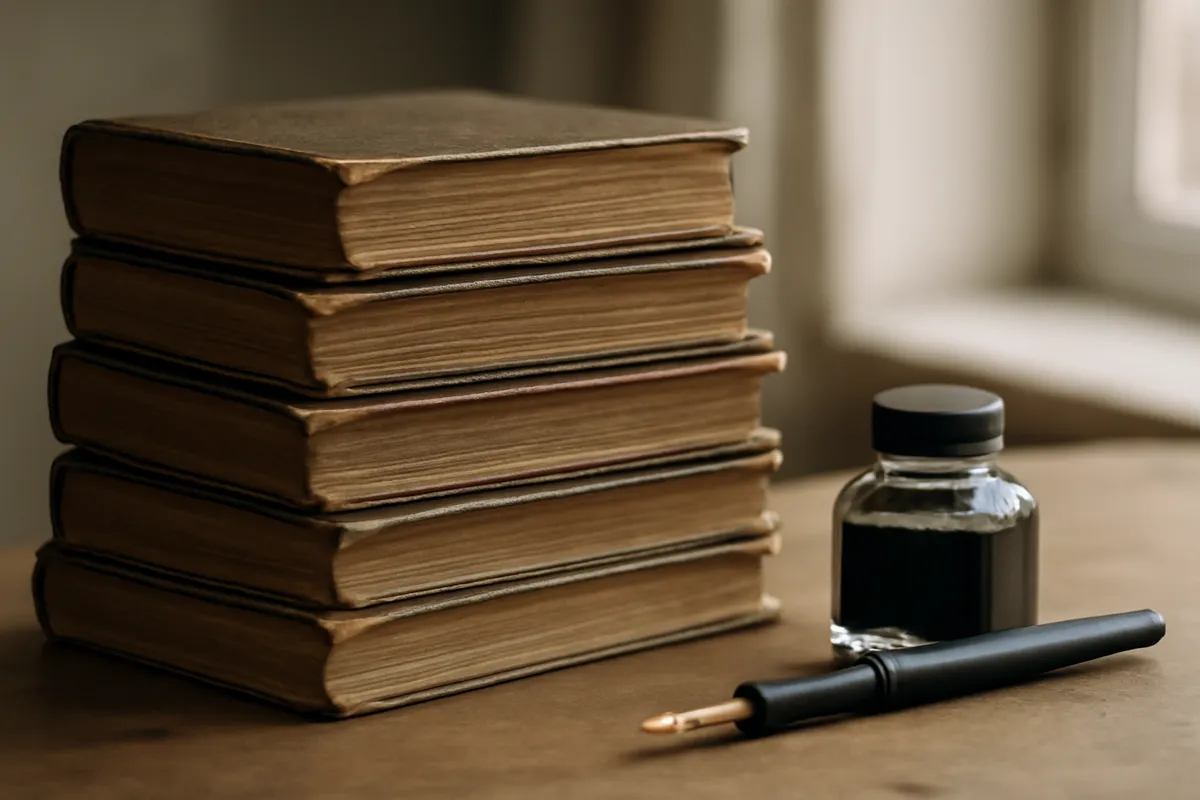 Pile de vieux livres reliés, plume et encrier sur un bureau