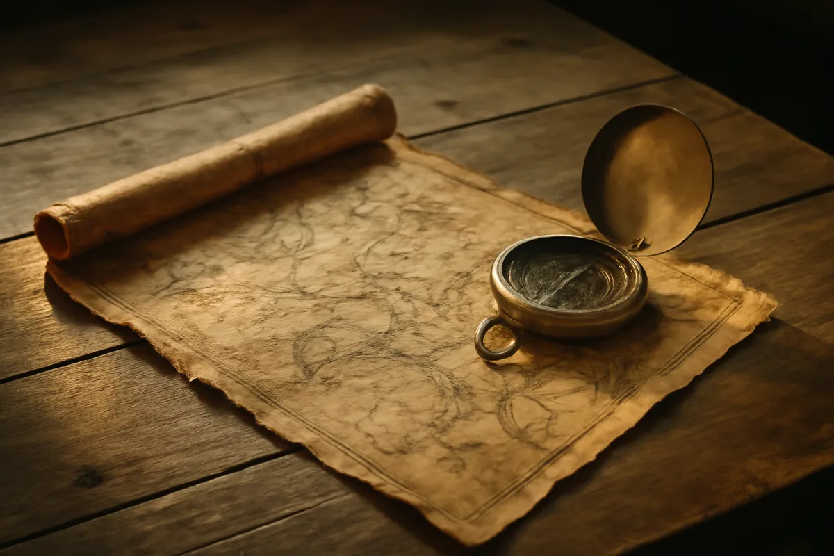 Vieille carte et compas sur une table de bois en lumière chaude
