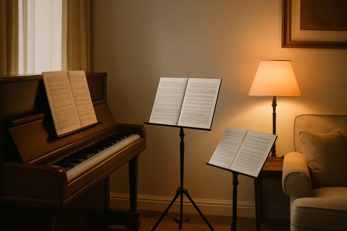 Piano et pupitre dans un salon à la lumière chaude d'une lampe