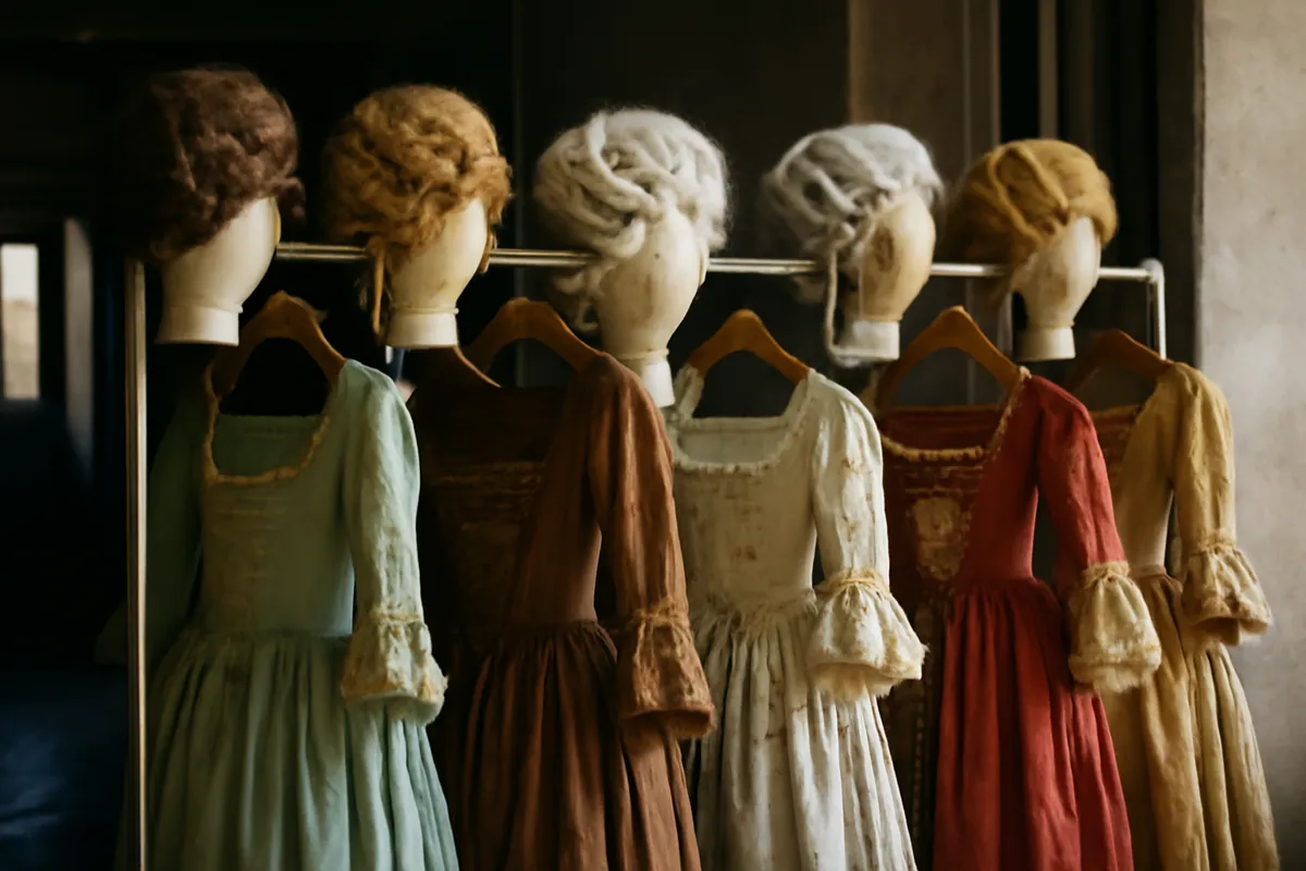 Portant de costumes d'époque et perruques en coulisses